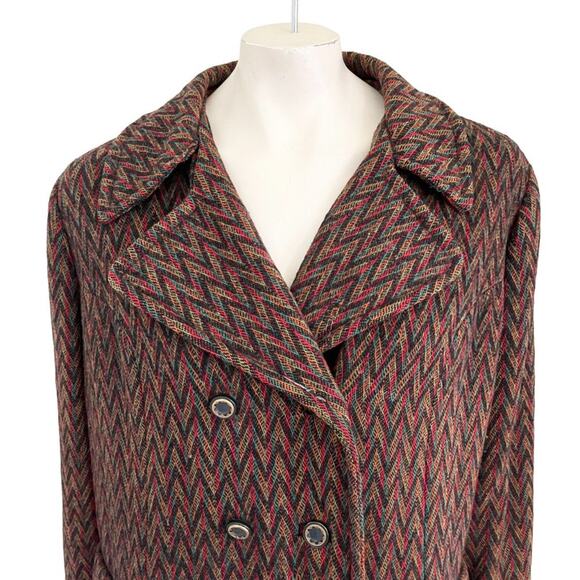 VTG 70s Retro Zigzag Woven Double Breasted Wool Car Coat SZ XL - Picture 4 of 12